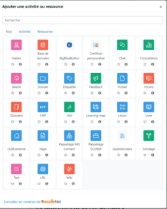 Capture d'écran montrant les icônes des activités et ressources avec la mise à jour de Moodle 4.0.